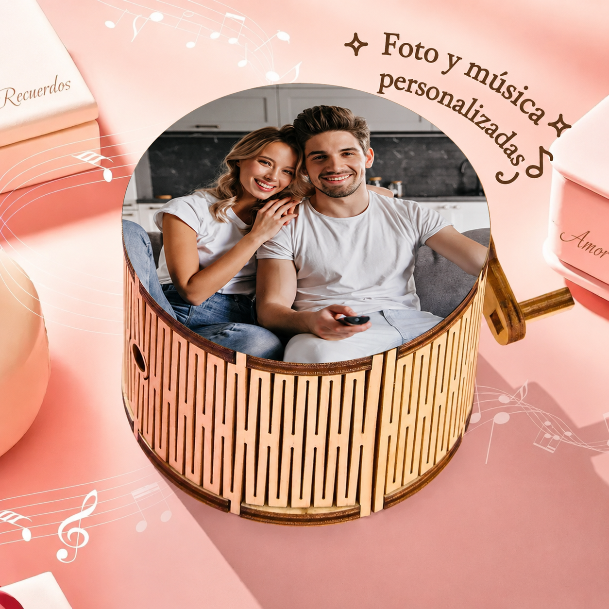 Caja de Música Personalizada Cilíndrica de Madera con Foto y Canción Completa Regalo Romántico