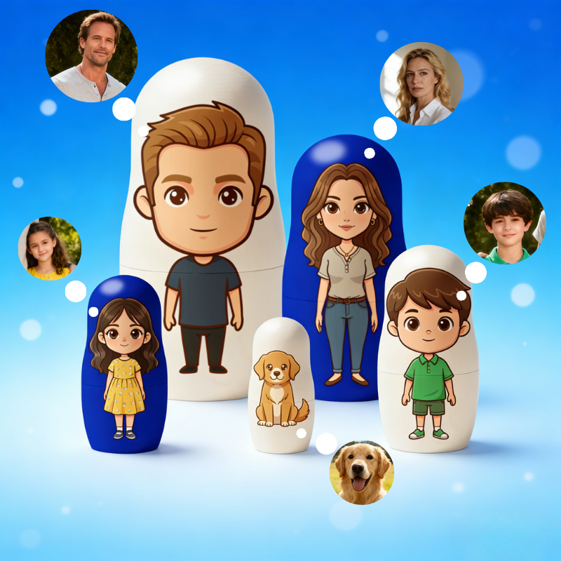 Muñecas de Madera Rusas con Foto Familiar Set de Muñequitas Rusas Estilo Cartoon Recuerdo para Padres, Niños y Parejas