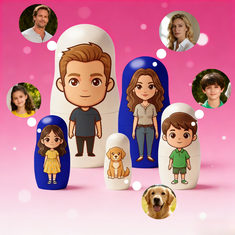 Muñecas Rusas Personalizadas con Retrato Familiar Matrioskas Rusas de Madera Estilo Cartoon Regalo de Navidad