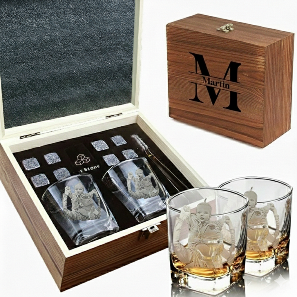 Vasos de Whisky Personalizados con Foto Set de Whisky con Piedras de Hielo y Caja de Madera Regalo para el Día del Padre