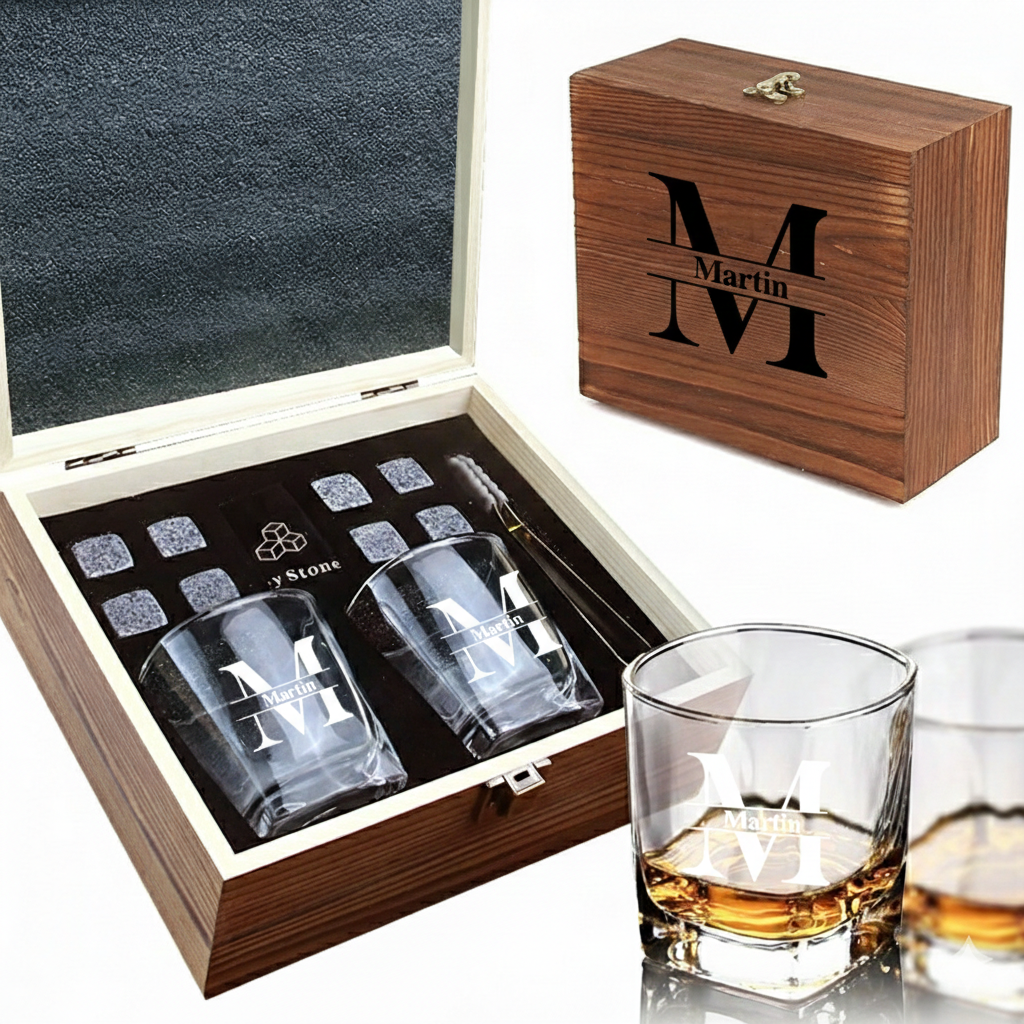 Vaso Whisky Personalizado Grabado Vaso de Whisky Grabado con Piedras Enfriadoras de Granito y Caja de Madera Premium Regalo para Papá