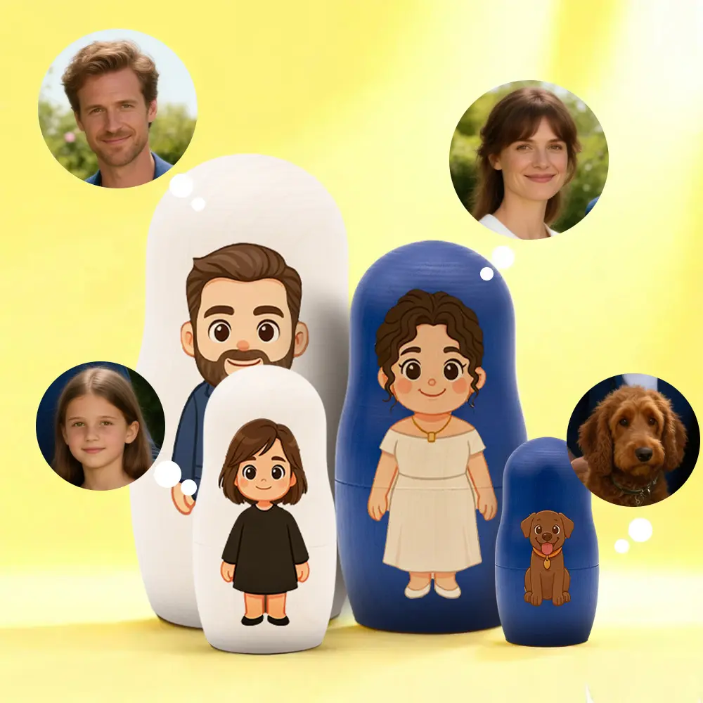 Muñecas Rusas Personalizadas con Retrato Familiar Matrioskas Rusas de Madera Estilo Cartoon Regalo de Navidad