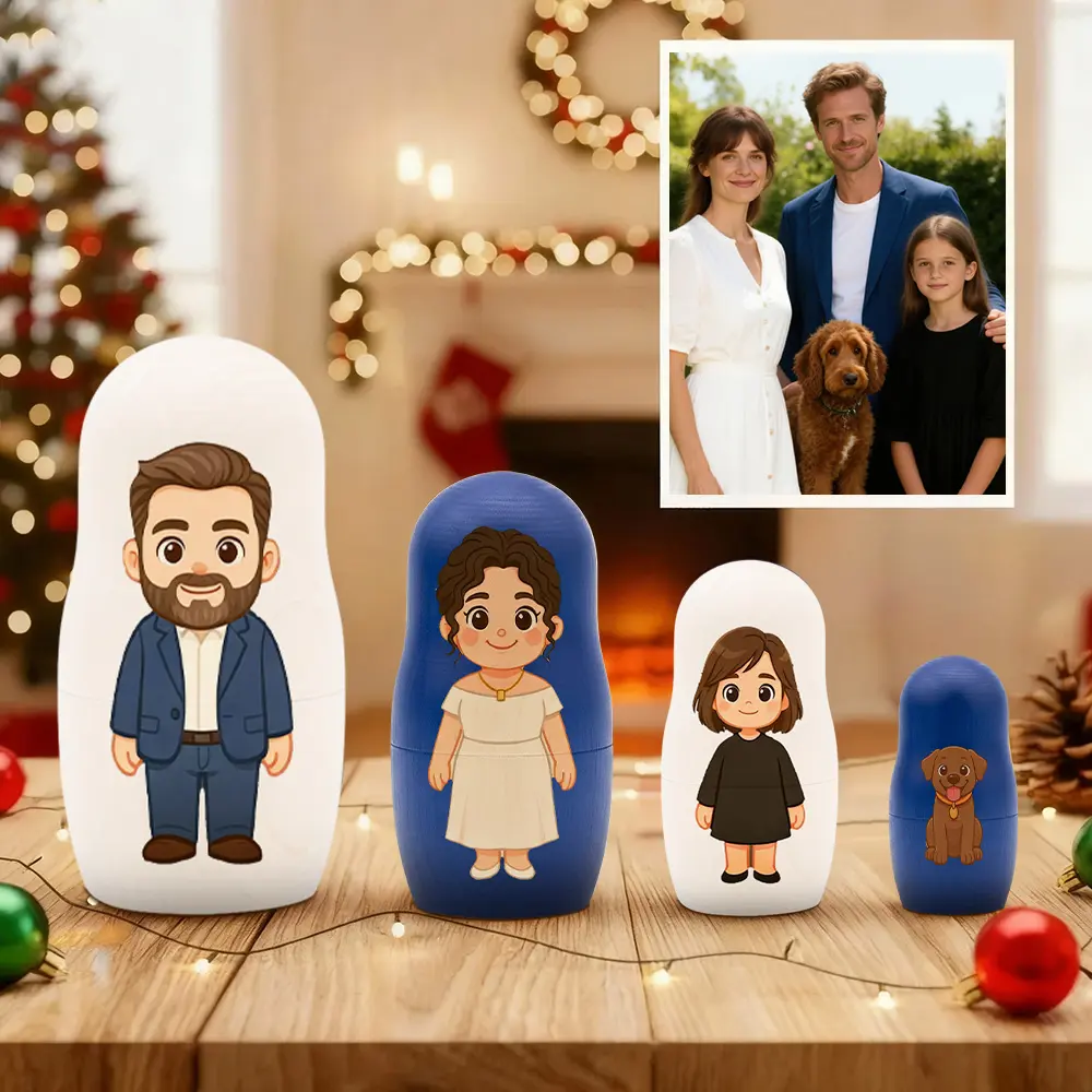 Muñecas Rusas Personalizadas con Retrato Familiar Matrioskas Rusas de Madera Estilo Cartoon Regalo de Navidad