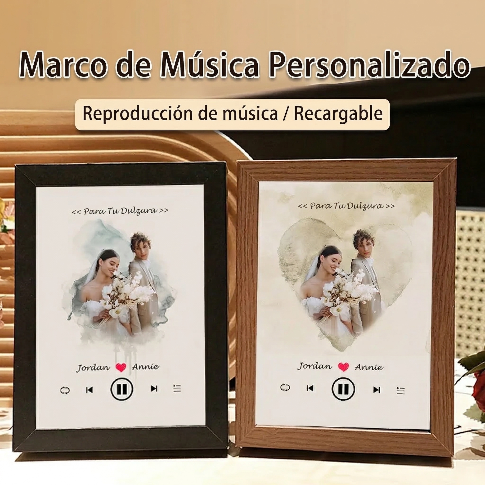 Marco Musical para Fotos de Boda con Nombres Personalizados Cuadro de Foto con Canción y Reproductor de Canción Completa