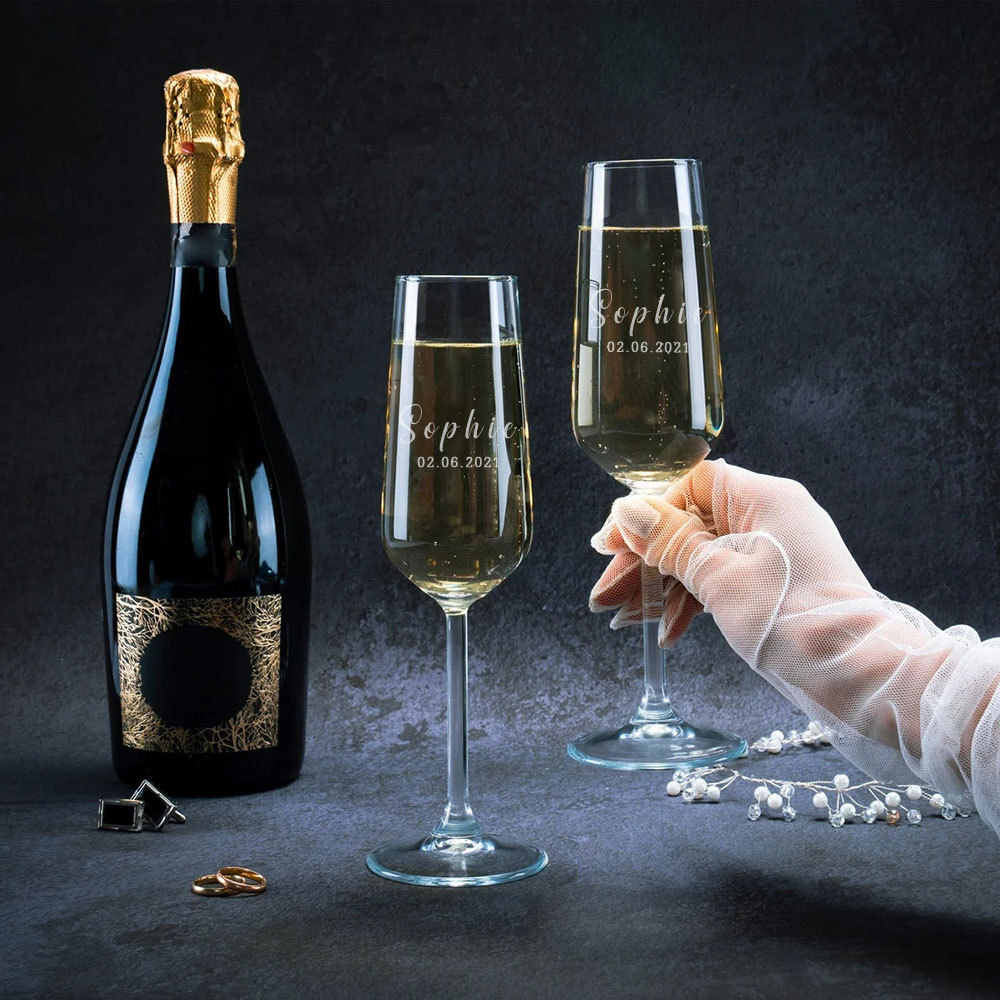 Copas de Champagne Personalizadas para Novios Set de 2 Copas de Champán con Nombre y Fecha para Brindis de Boda