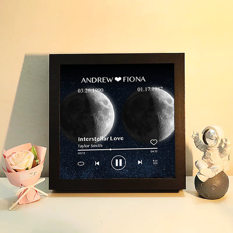 Cuadro de Música con Fases de la Luna y Fecha Personalizada Regalo de Aniversario con Canción Completa