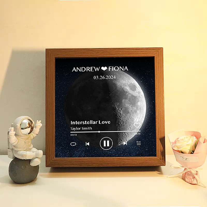 Cuadro de Música con Fases de la Luna y Fecha Personalizada Regalo de Aniversario con Canción Completa