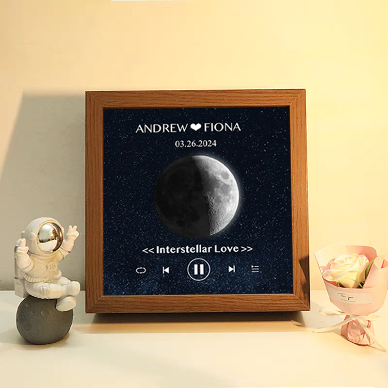 Cuadro de Música con Fases de la Luna y Fecha Personalizada Regalo de Aniversario con Canción Completa