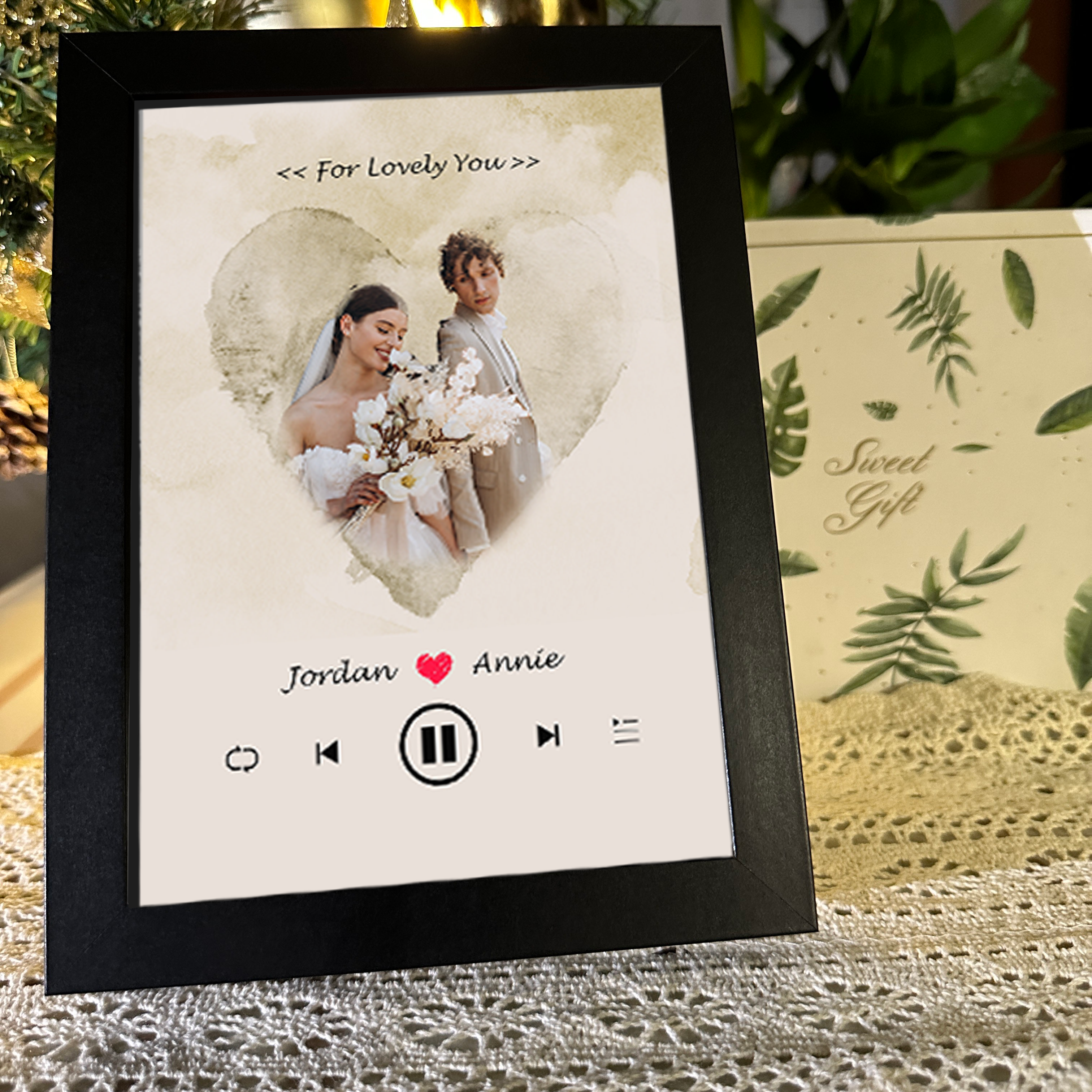 Marco Musical para Fotos de Boda con Nombres Personalizados Cuadro de Foto con Canción y Reproductor de Canción Completa
