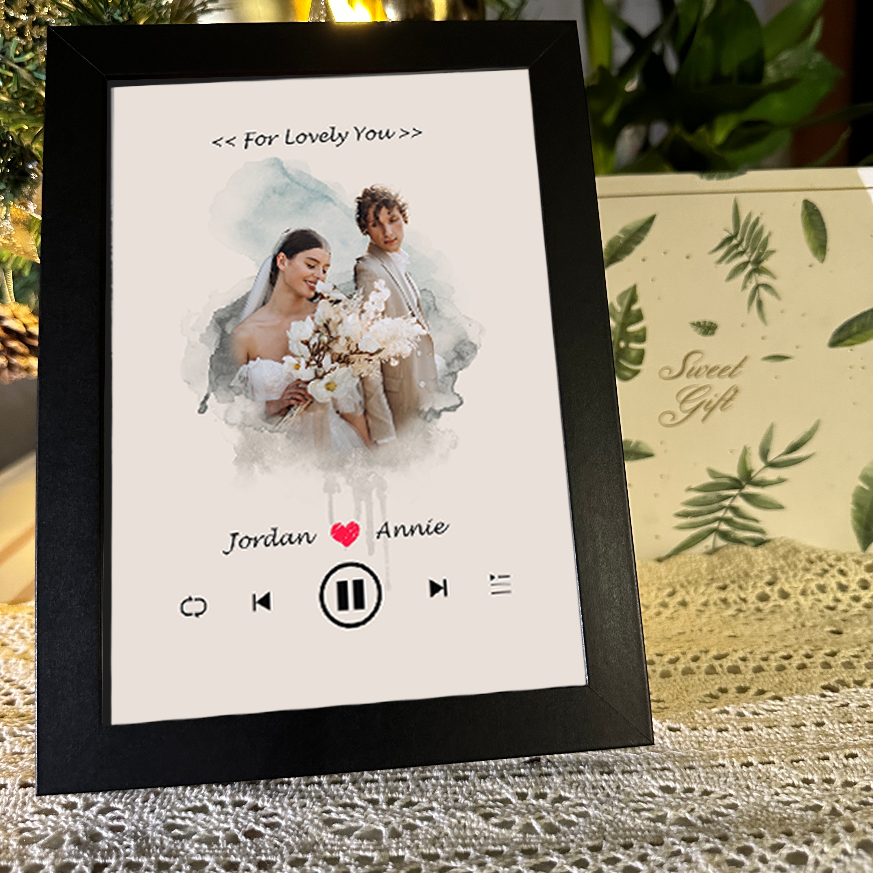 Marco Musical para Fotos de Boda con Nombres Personalizados Cuadro de Foto con Canción y Reproductor de Canción Completa
