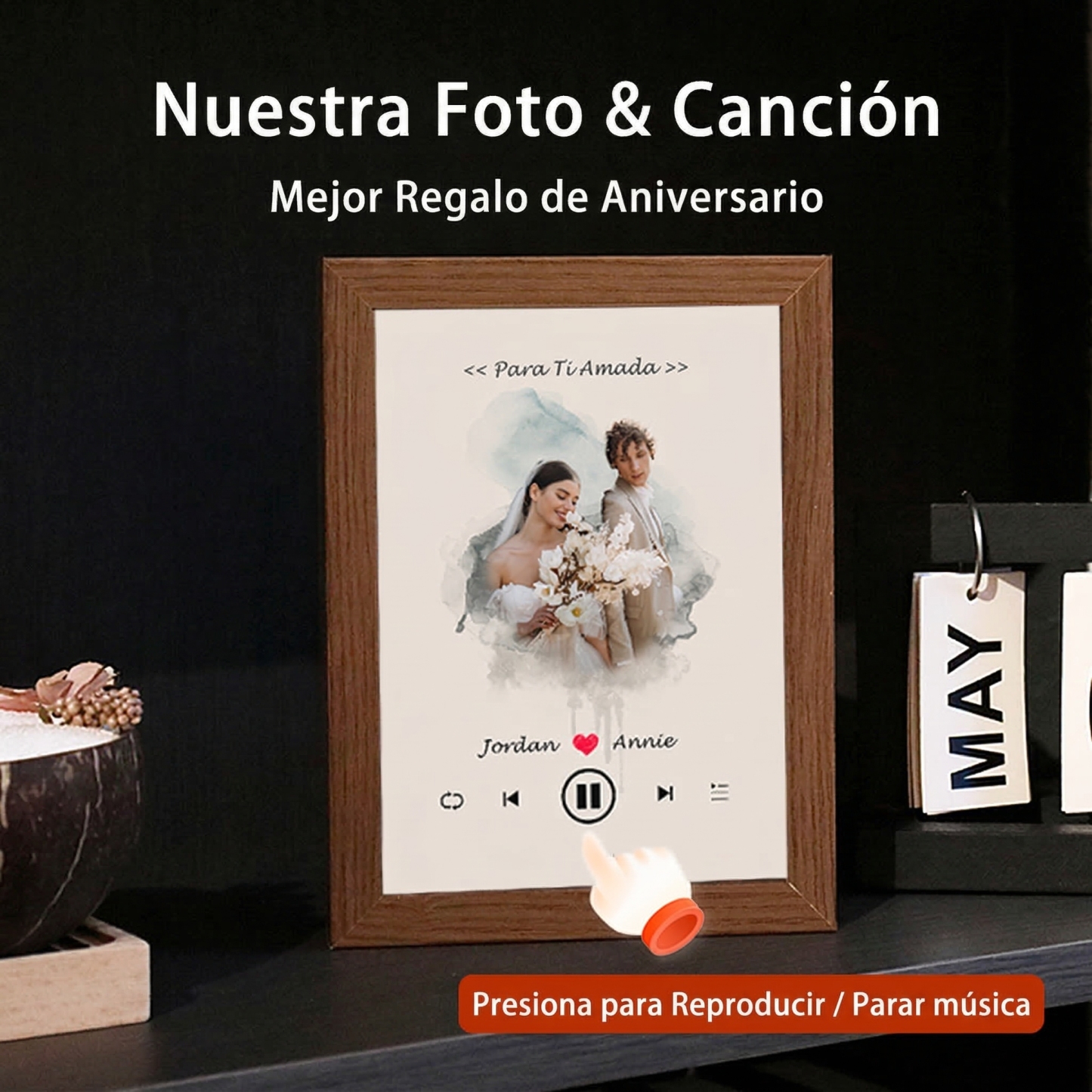 Marco Musical para Fotos de Boda con Nombres Personalizados Cuadro de Foto con Canción y Reproductor de Canción Completa