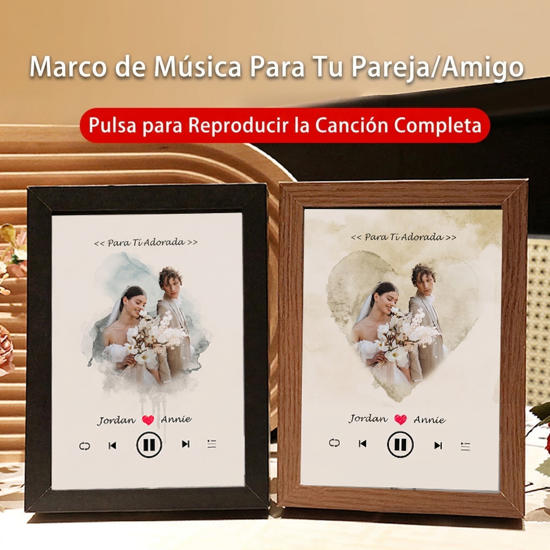 Marco Musical para Fotos de Boda con Nombres Personalizados Cuadro de Foto con Canción y Reproductor de Canción Completa