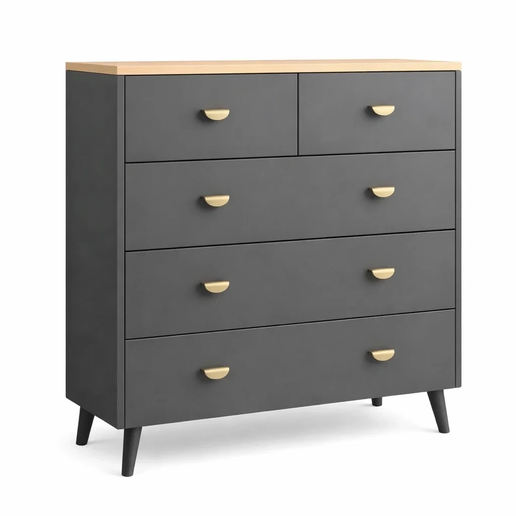 Modern Dark Gray Chest of Drawers with Oak Top
