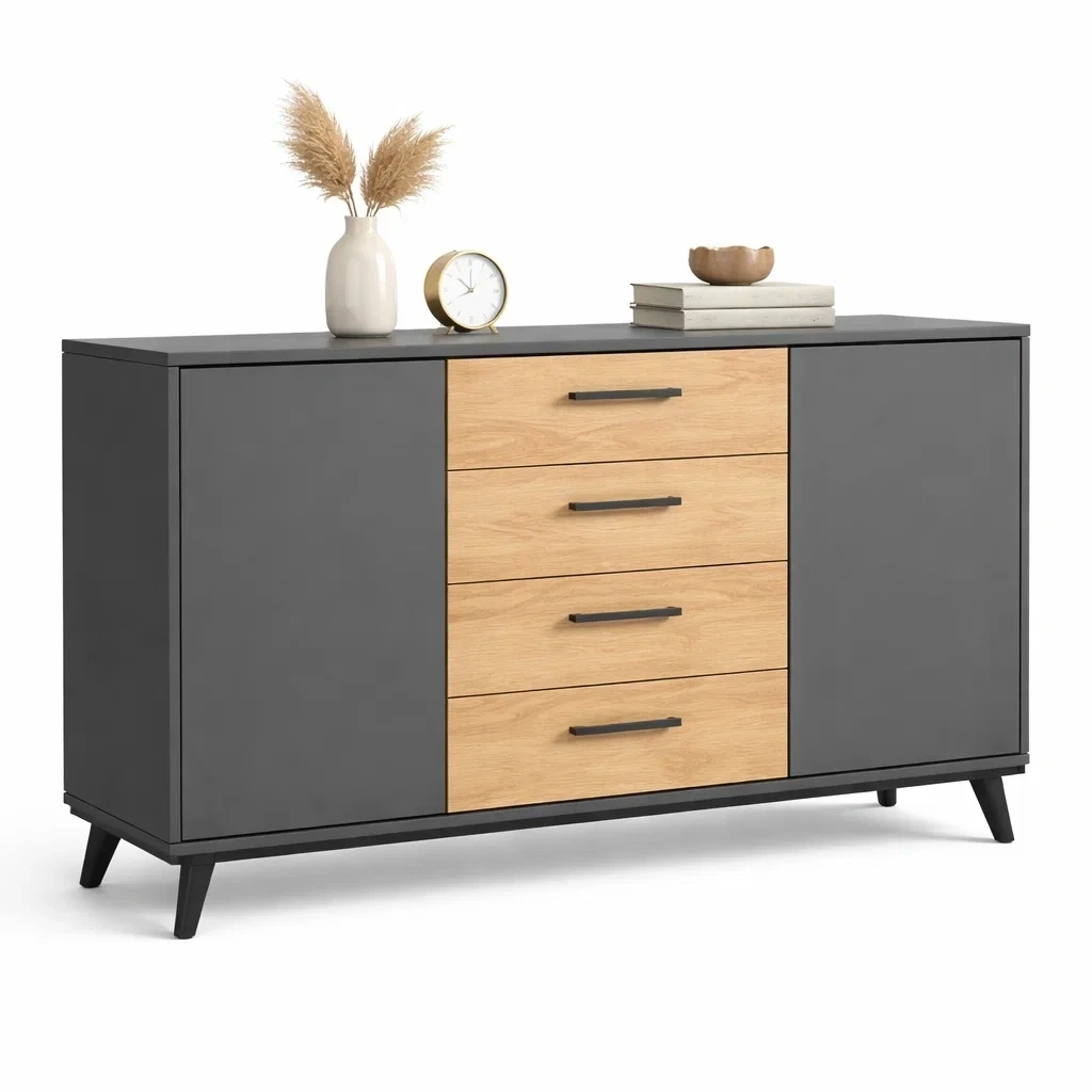 Modern Gray and Oak Storage Sideboard Cabinet