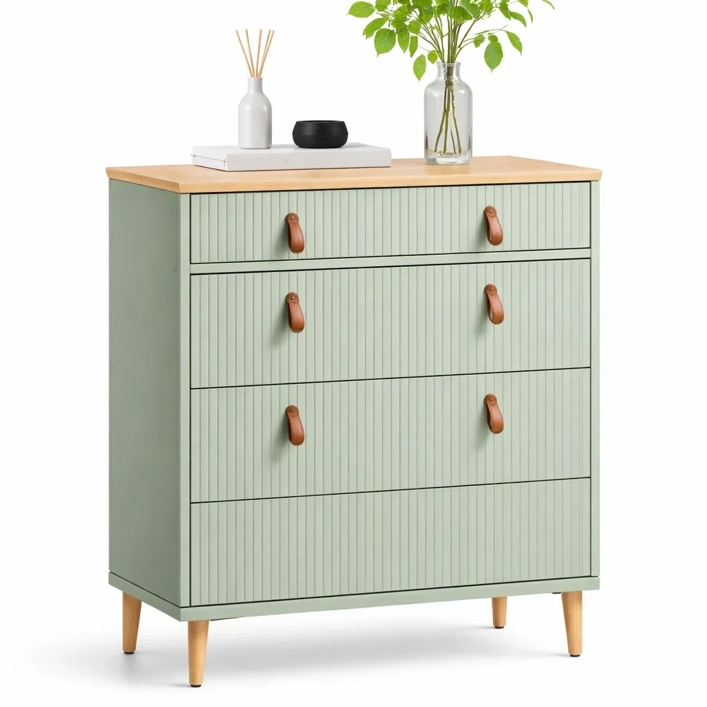Green Wooden Chest of Drawers with Oak Top
