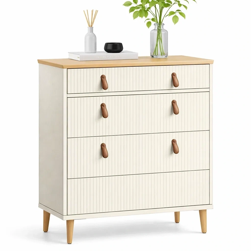 Cream Wooden Chest of Drawers with Oak Top