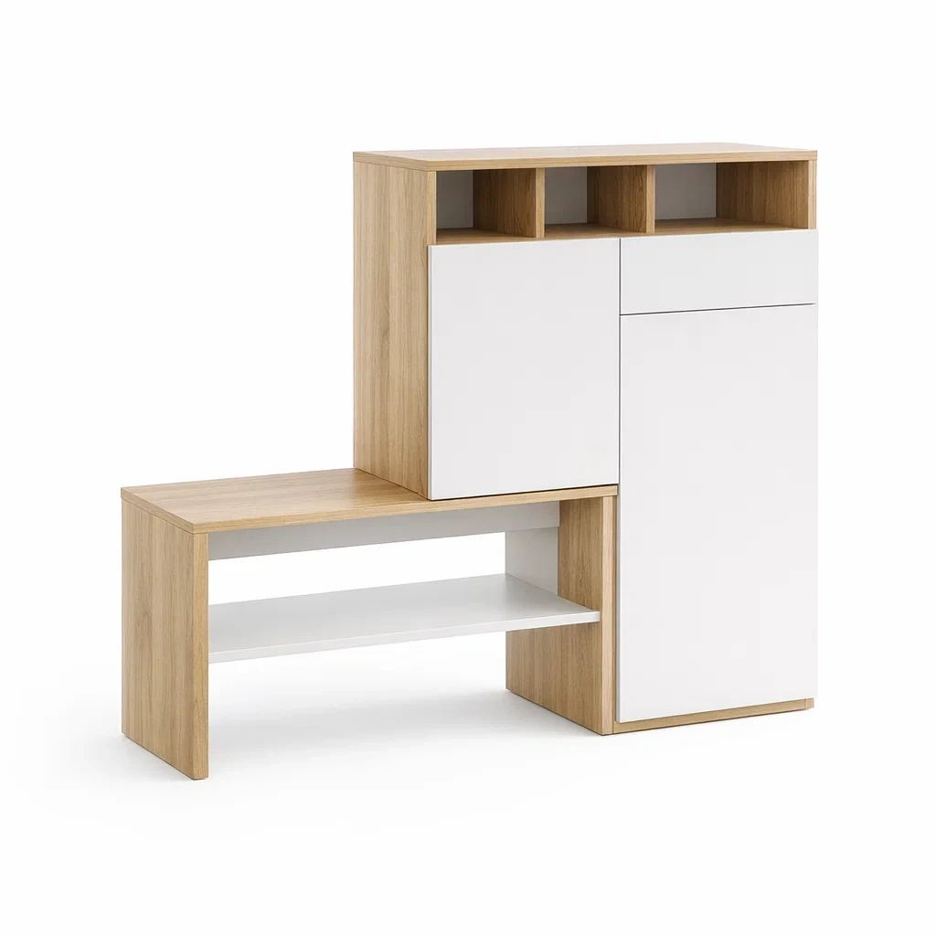 Oak and White Storage Bench Cabinet