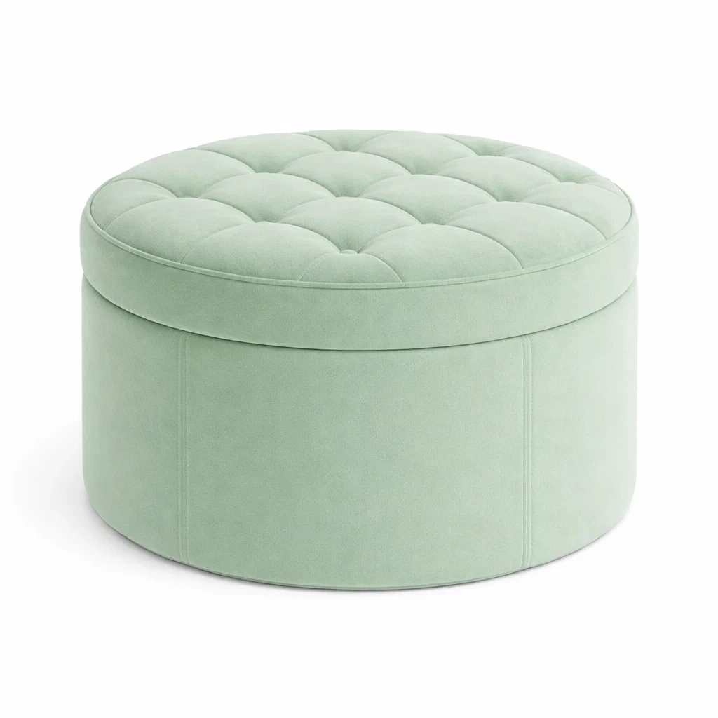 Round Mint Green Velvet Storage Ottoman