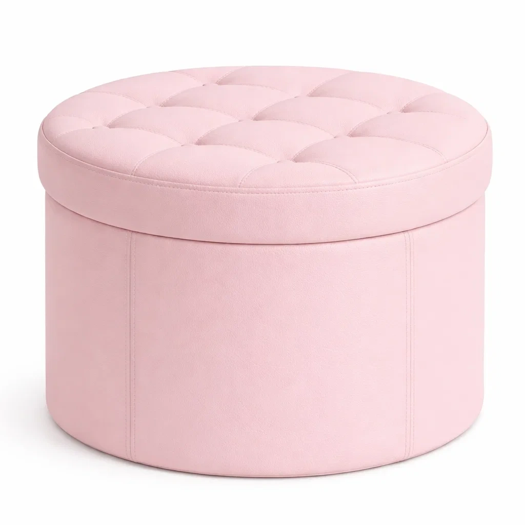 Round Pink Velvet Storage Ottoman