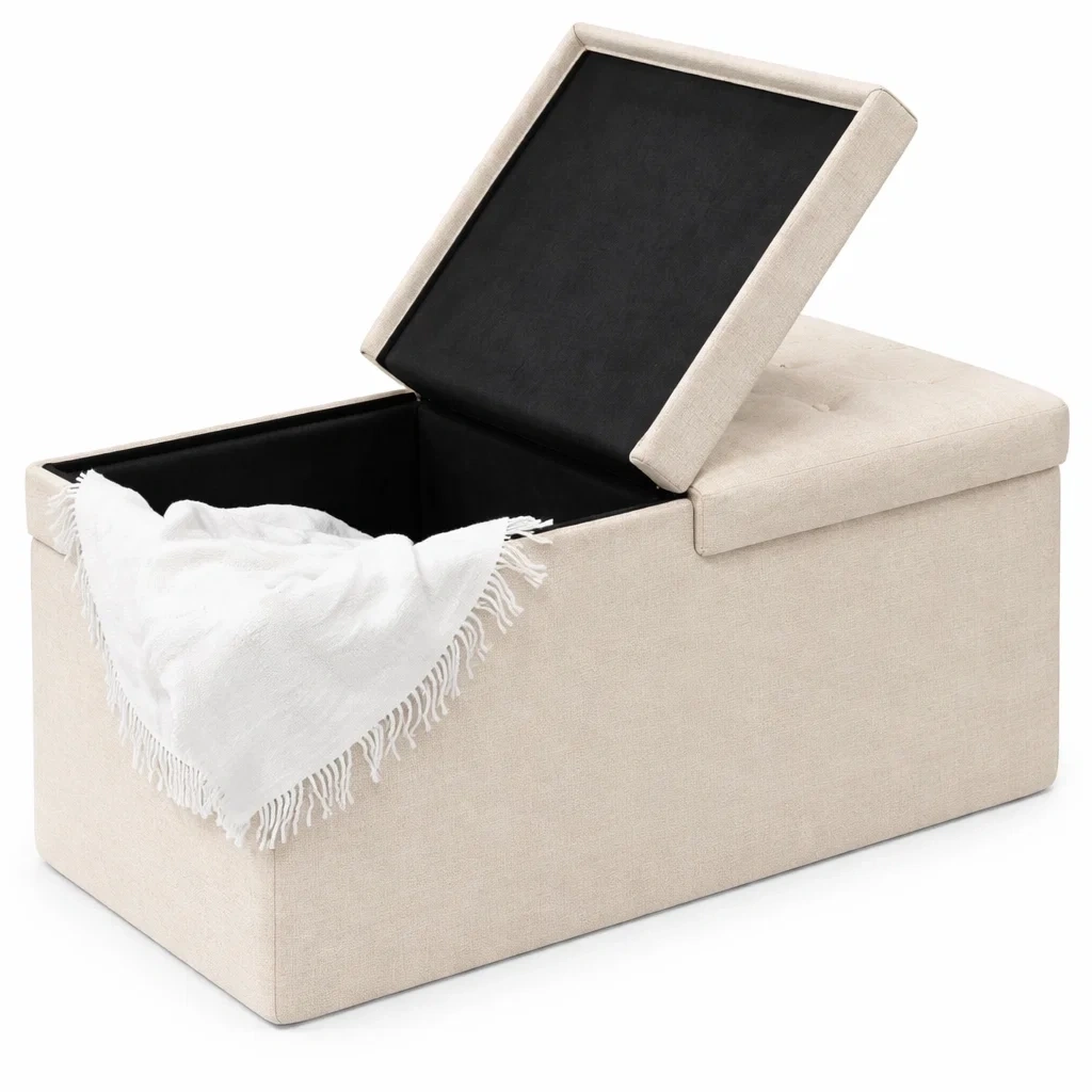 Beige Fabric Storage Ottoman Bench with Lid