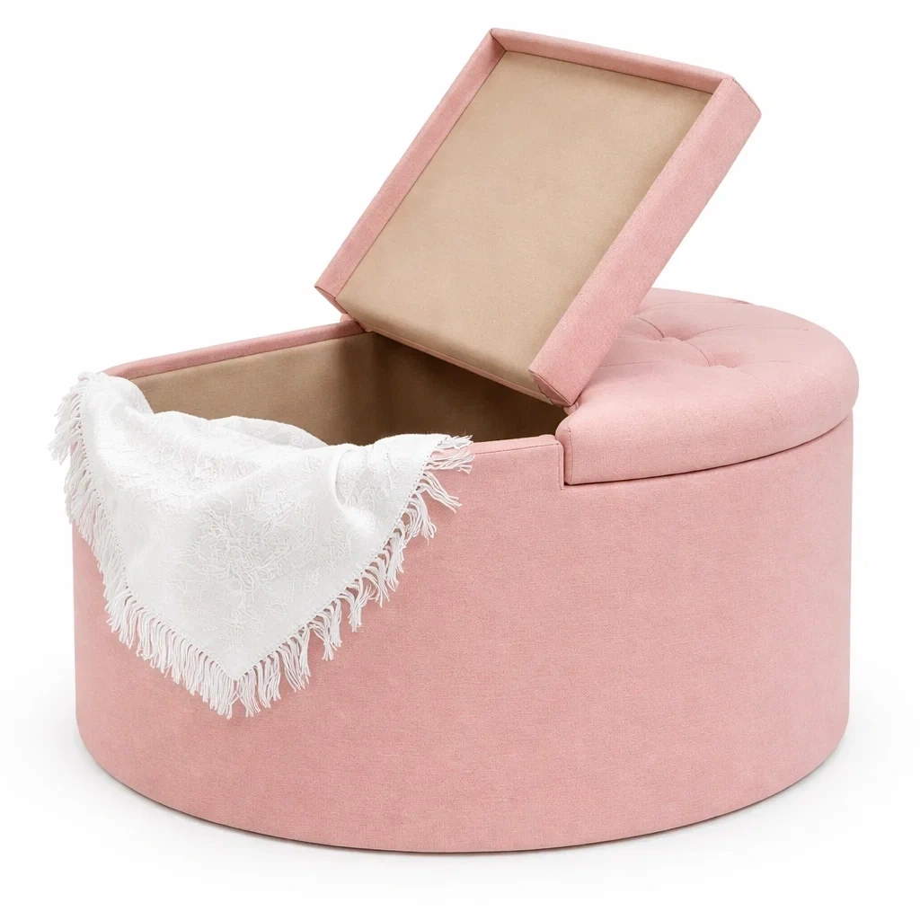 Round Pink Velvet Storage Ottoman with Lid