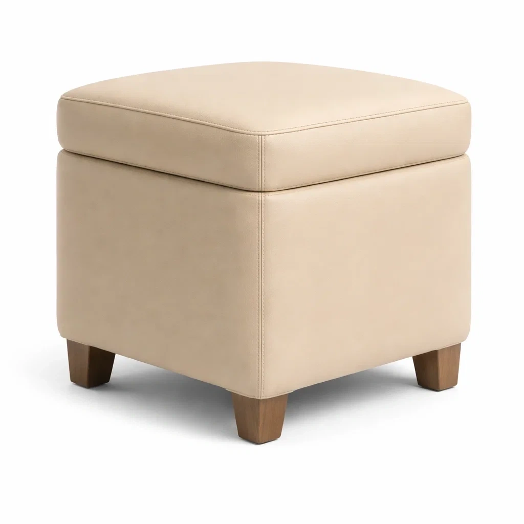Beige Upholstered Square Ottoman Stool