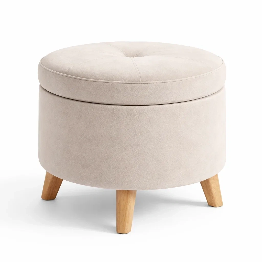 Round Cream Velvet Ottoman Stool with Wood Legs