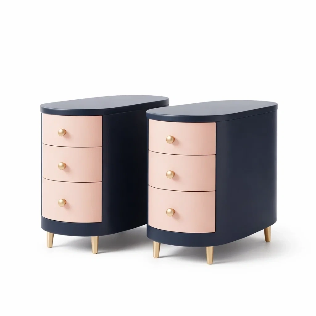 Modern Navy and Blush Curved Nightstand Set