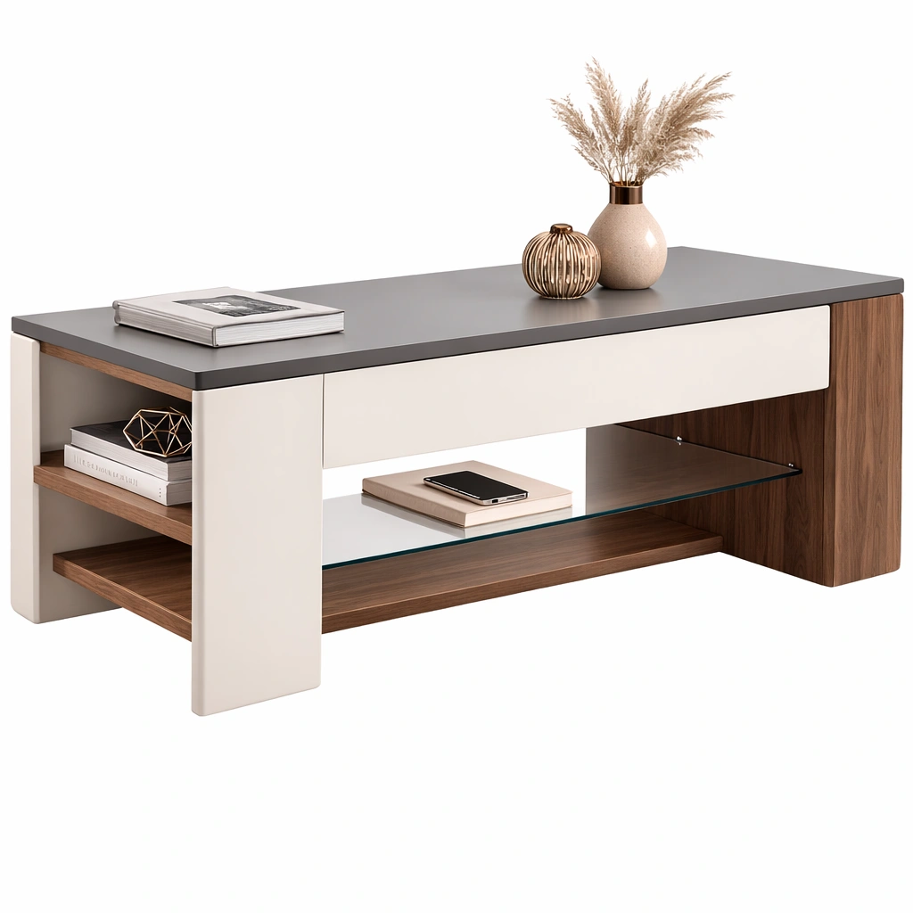 Modern Gray and Walnut Storage Coffee Table