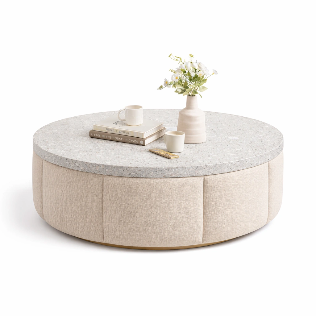 Round Marble Top Upholstered Coffee Table