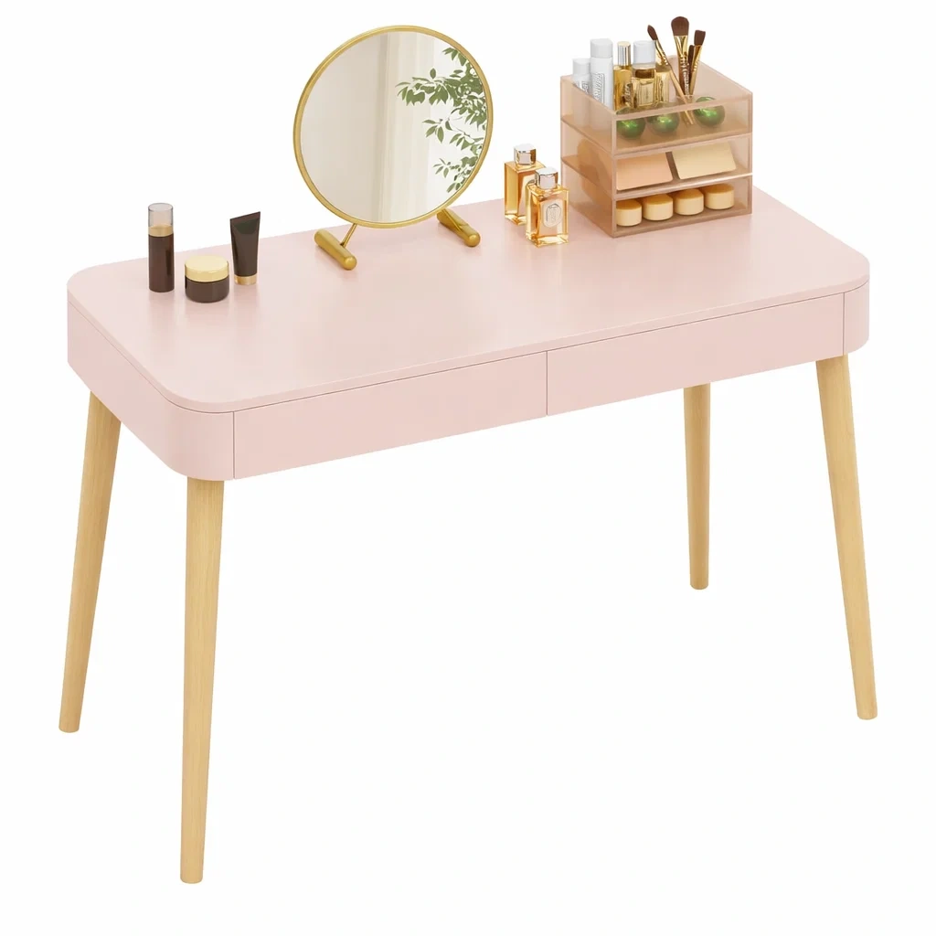 Modern Makeup Vanity Desk Wooden Legs Storage Drawer