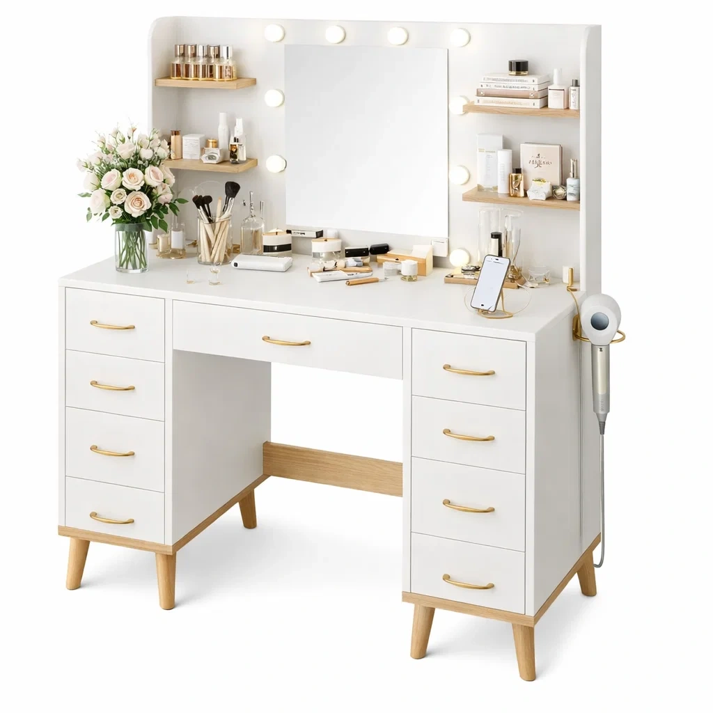 Large Vanity Table with Lighted Mirror and Storage Drawers