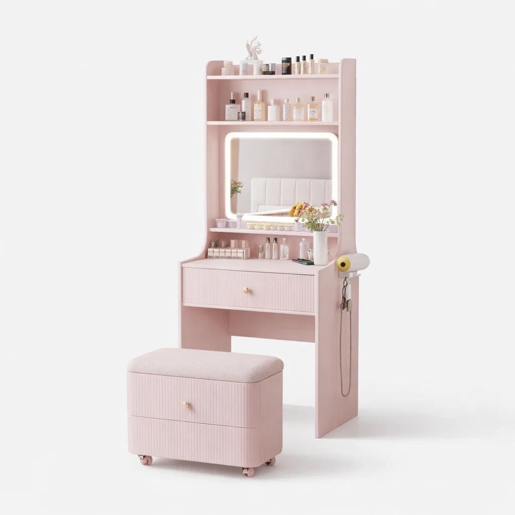 Pink Vanity Table with LED Mirror Storage Shelf and Stool