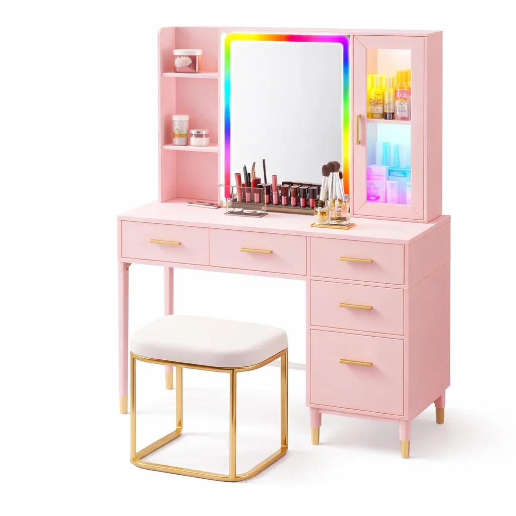 LED Makeup Vanity Desk with Mirror Cabinet and Stool