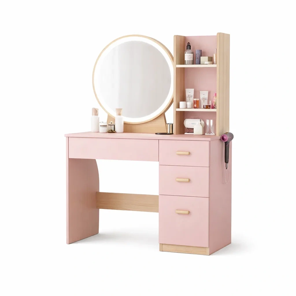 Modern Vanity Desk Round LED Mirror Storage Shelves