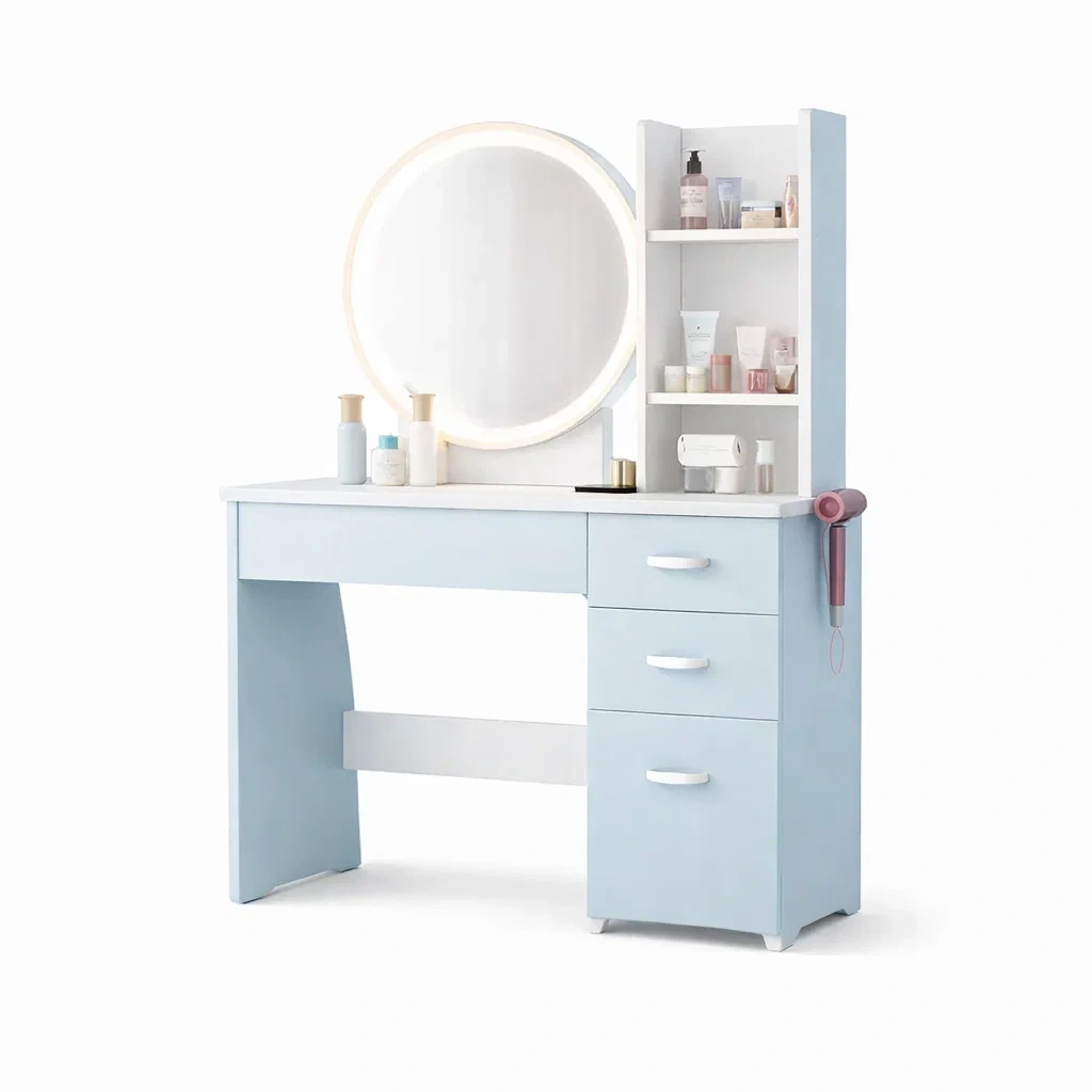 Modern Vanity Desk Round LED Mirror Storage Shelves