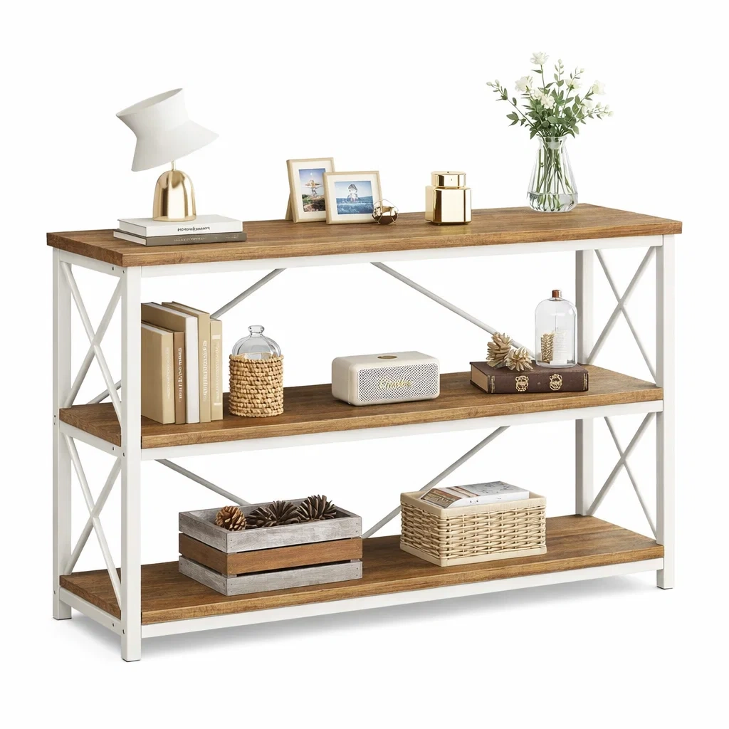 Industrial Console Table Wooden Shelves Metal Frame