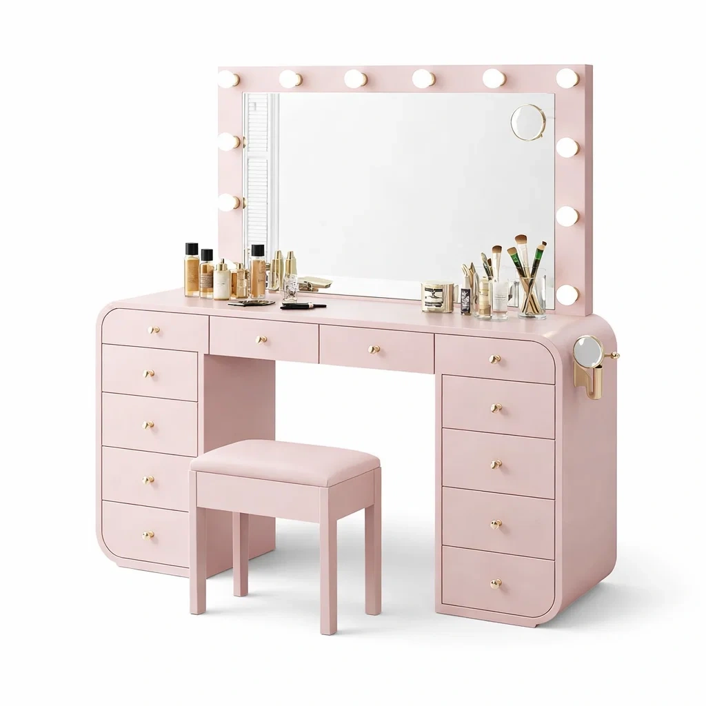 Large Makeup Vanity Table with Lighted Mirror and Stool