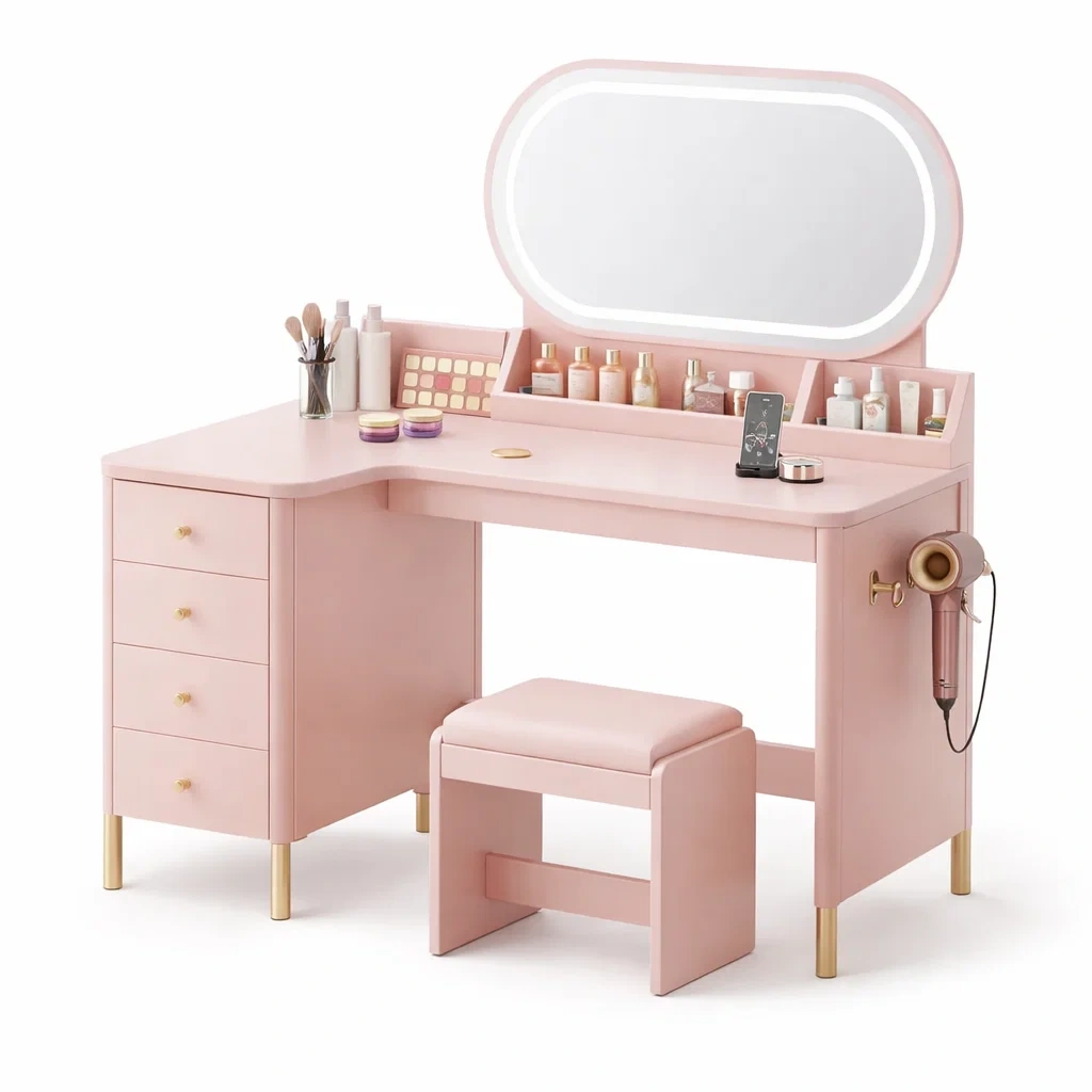 Corner Makeup Vanity Desk with LED Mirror and Stool