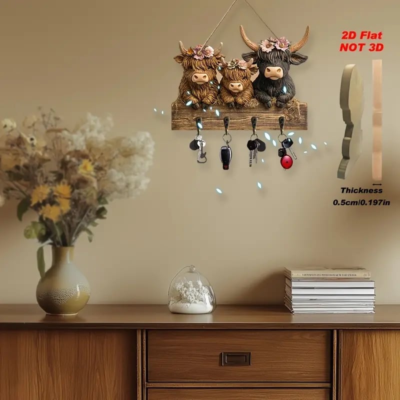 # 2D Rustic Highland Cow Wooden Ornament 🐮 | 9.8"x7.48" Hanging Decor with 3 Hooks | Easter/Christmas Gift for Animal Lovers 🌿