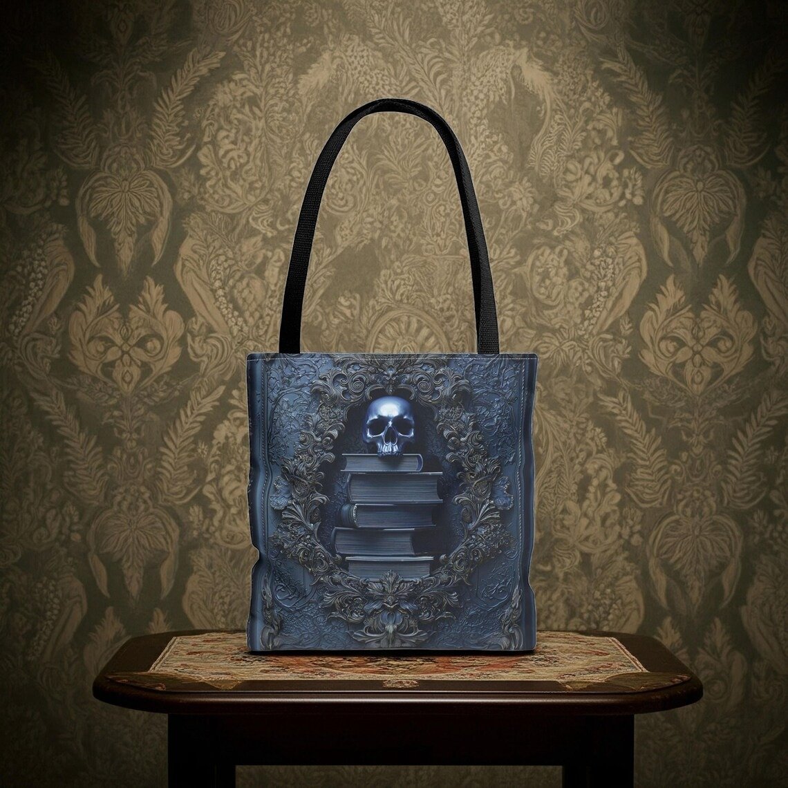🖤 Gothic Skull & Books Tote Bag – Dark Academia Aesthetic 📚💀