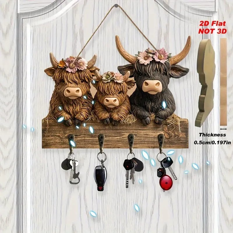 # 2D Rustic Highland Cow Wooden Ornament 🐮 | 9.8"x7.48" Hanging Decor with 3 Hooks | Easter/Christmas Gift for Animal Lovers 🌿