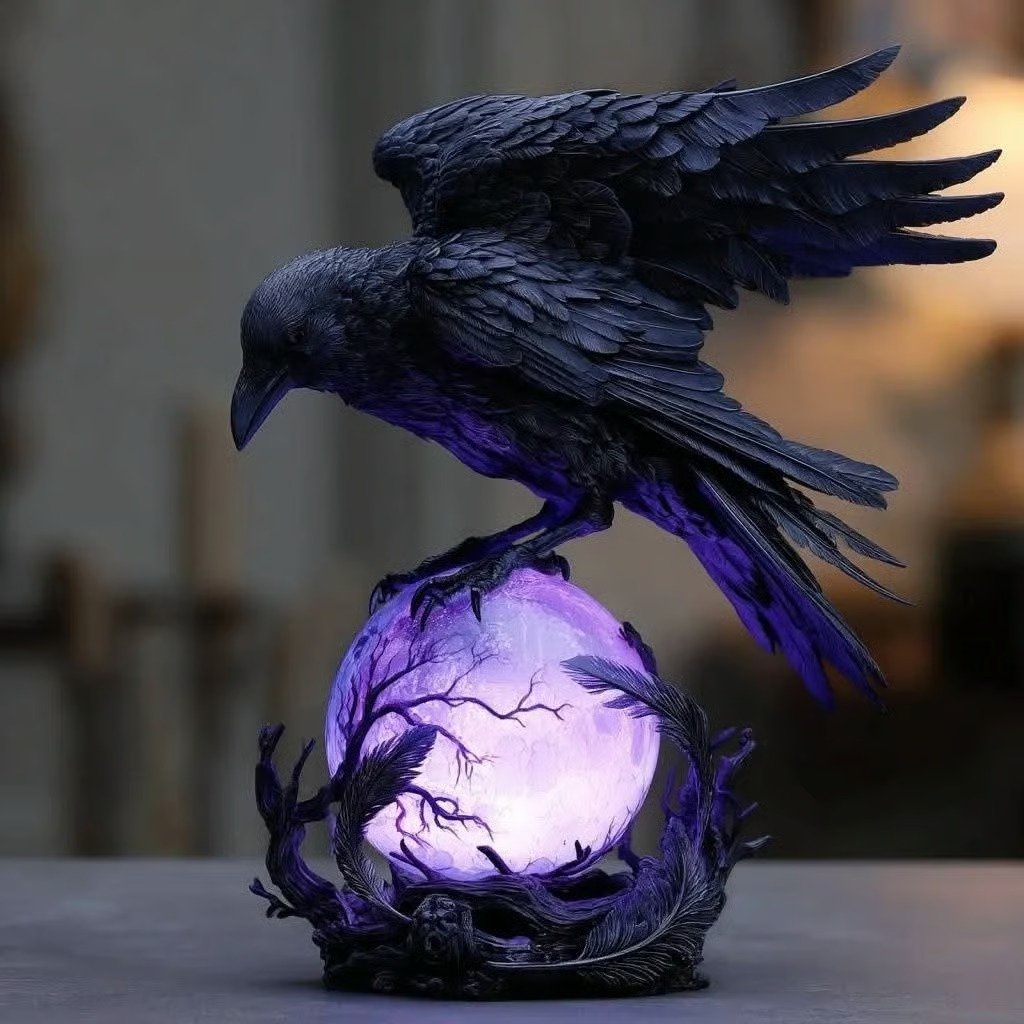 🌙🖤 “Raven’s Moonlight” Gothic LED Lamp – Mysterious Crow on Glowing Orb Sculpture ✨