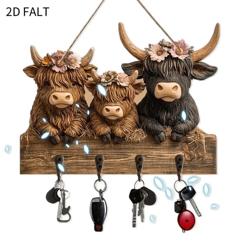 # 2D Rustic Highland Cow Wooden Ornament 🐮 | 9.8"x7.48" Hanging Decor with 3 Hooks | Easter/Christmas Gift for Animal Lovers 🌿