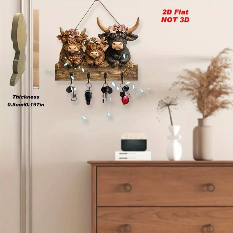 # 2D Rustic Highland Cow Wooden Ornament 🐮 | 9.8"x7.48" Hanging Decor with 3 Hooks | Easter/Christmas Gift for Animal Lovers 🌿