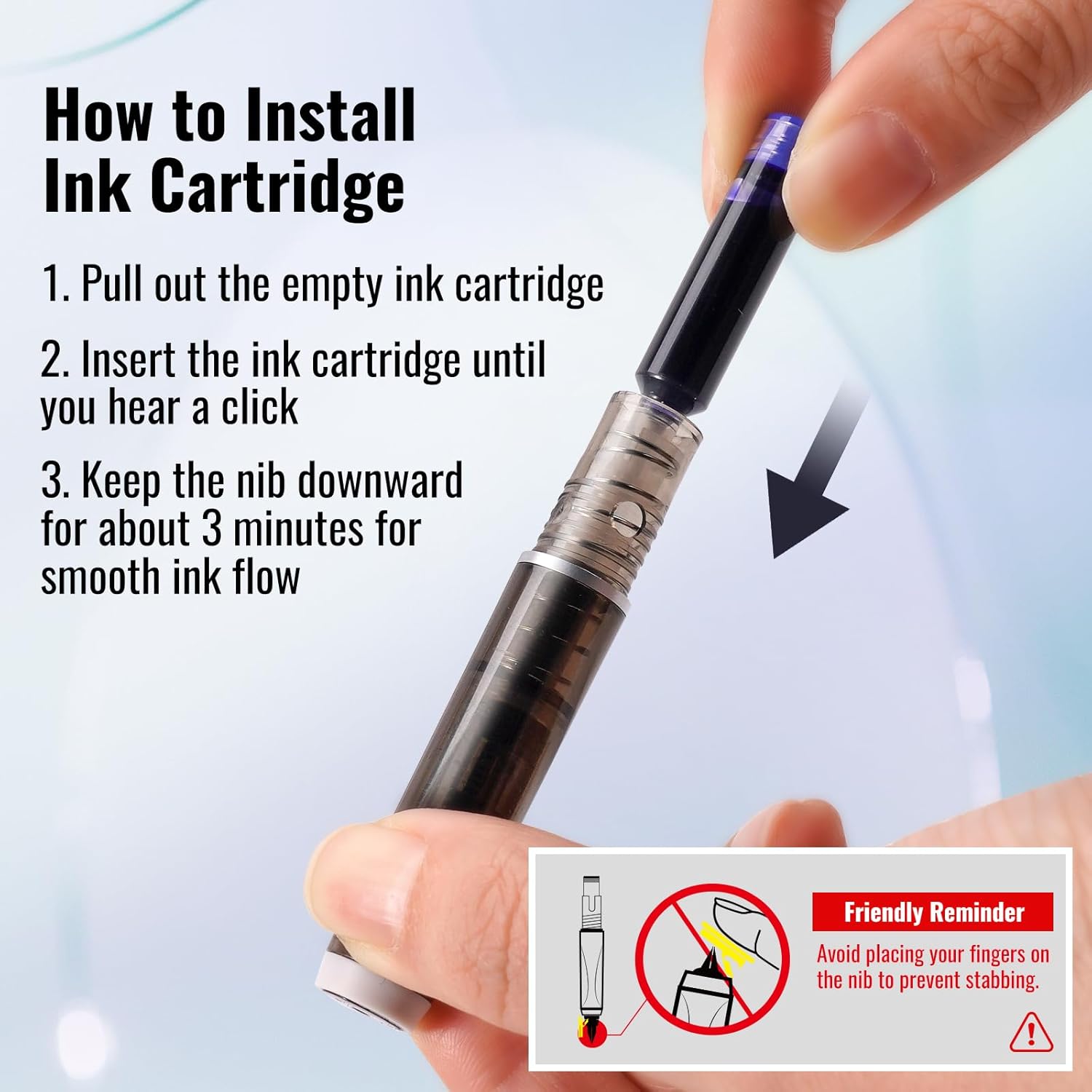 Fountain Pen Retractable:0.38mm Blue&Black Ink Transparent Barrel Includes 5 Refillable Ink Cartridges