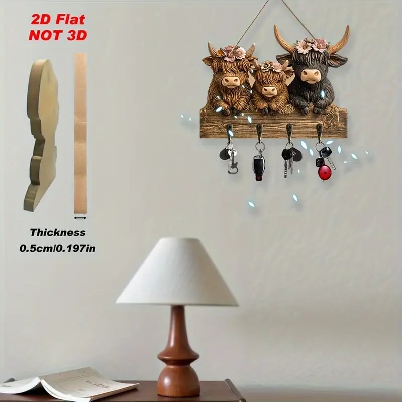 # 2D Rustic Highland Cow Wooden Ornament 🐮 | 9.8"x7.48" Hanging Decor with 3 Hooks | Easter/Christmas Gift for Animal Lovers 🌿