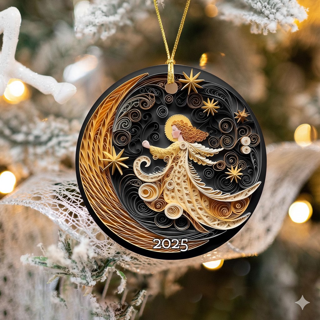 🌙Angel Girl & Moon Plane 3D Effect Christmas Ornament✨
