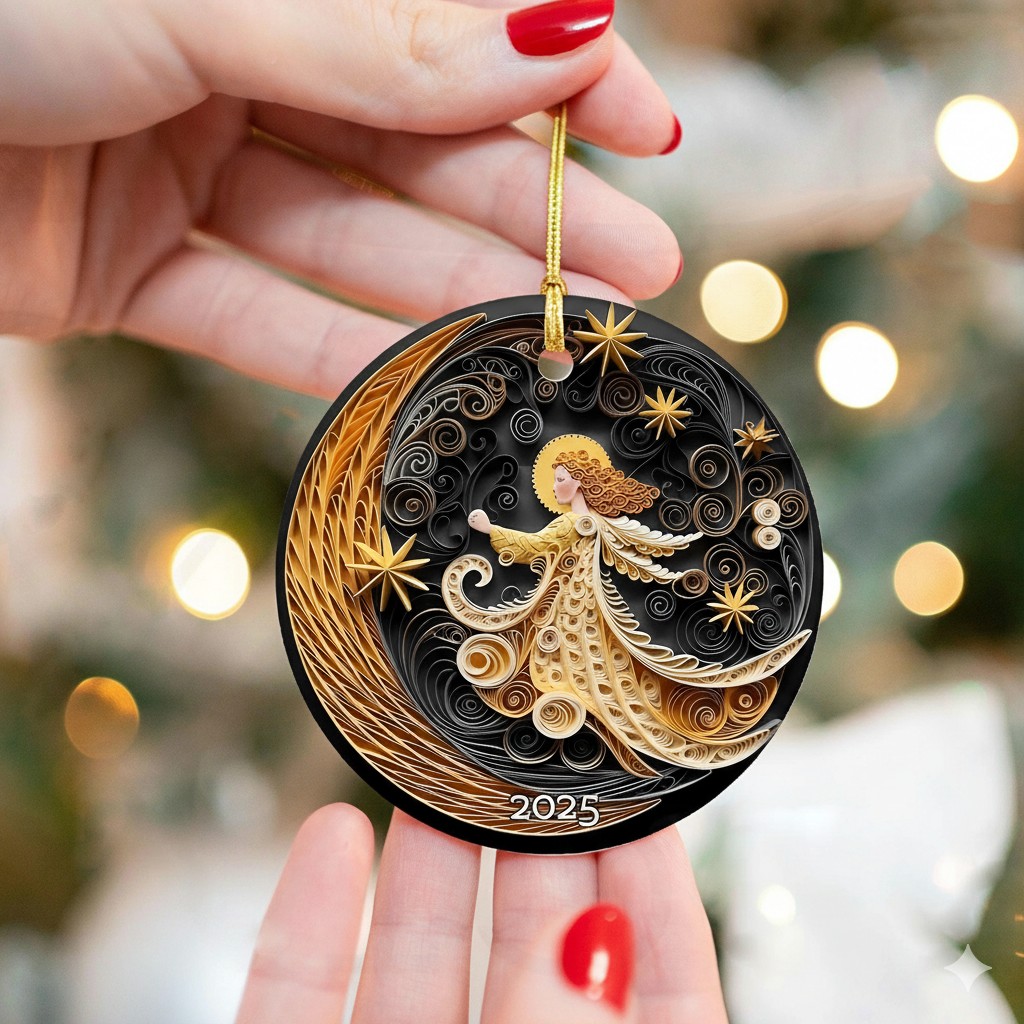 🌙Angel Girl & Moon Plane 3D Effect Christmas Ornament✨