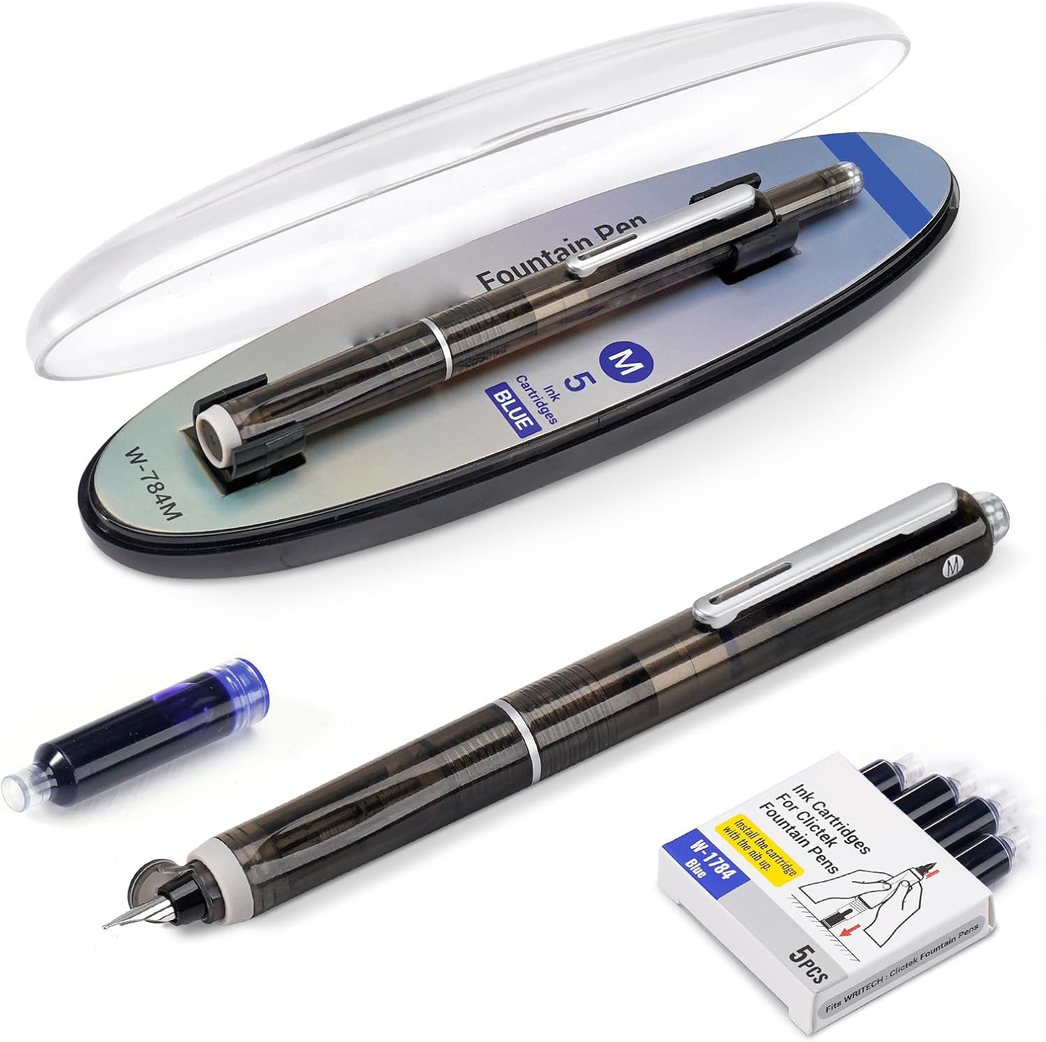 Fountain Pen Retractable:0.38mm Blue&Black Ink Transparent Barrel Includes 5 Refillable Ink Cartridges
